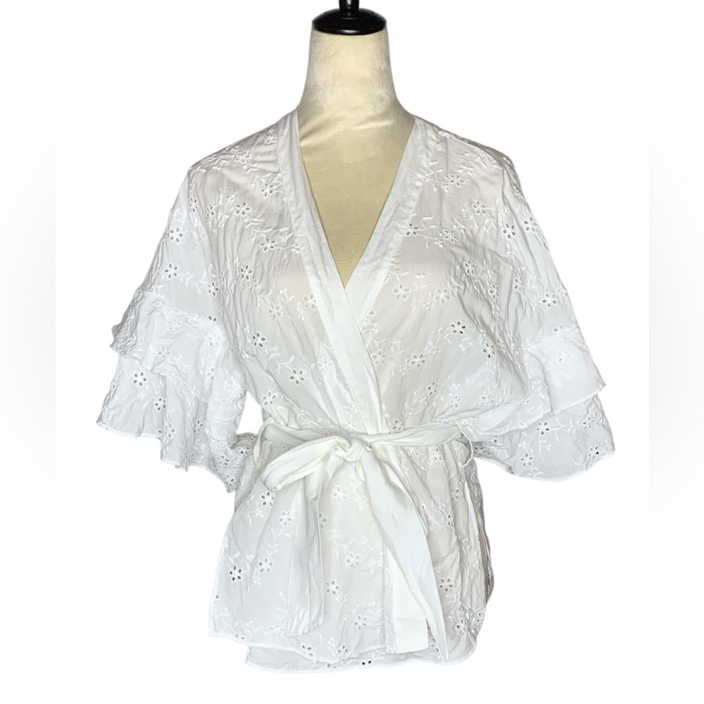 Zara White Eyelet Wrap Blouse with Tie